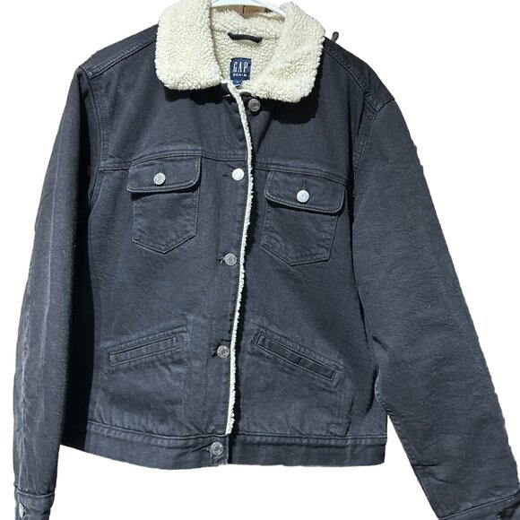 GAP Jackets & Blazers - Gap Black Denim Jean Jacket Fleece Sherpa Lined Women’s XL Quilted Sleeve Unisex